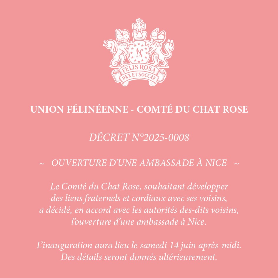 Ouverture prochaine d’une ambassade du Comté du Chat Rose à Nice