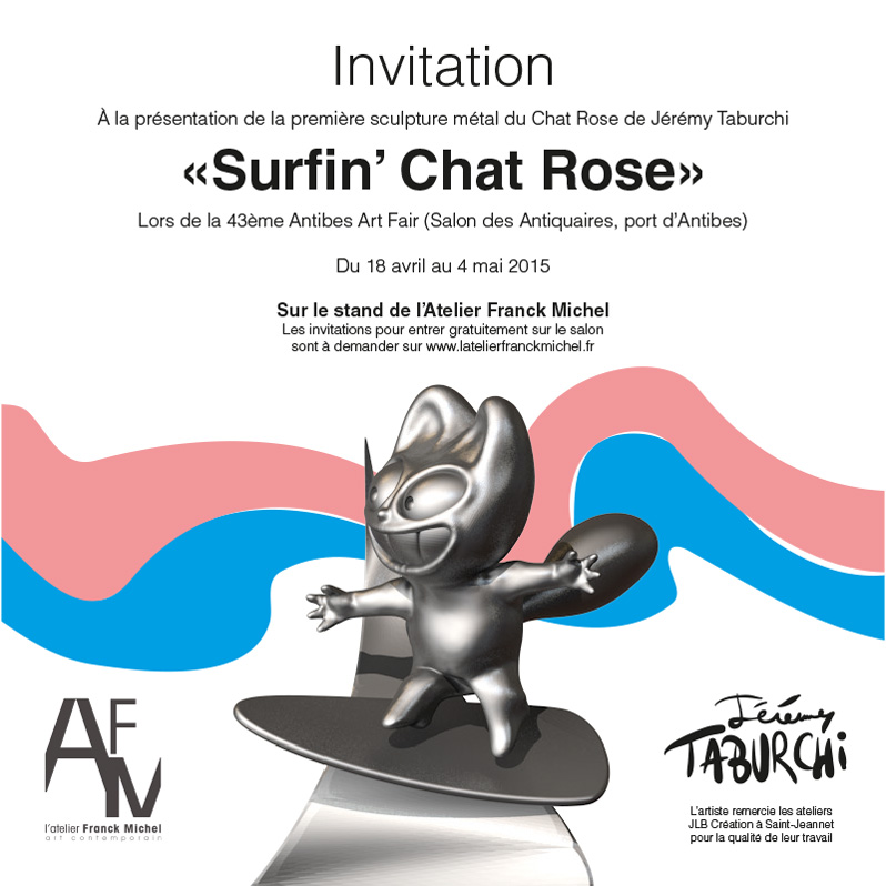 Présentation de la première sculpture en métal du Chat Rose de Jérémy Taburchi
