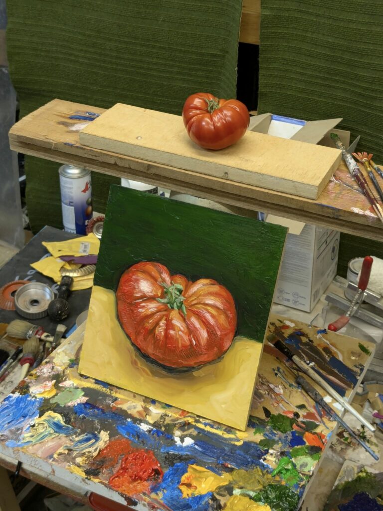 Un nouveau tableau : Tomate et huile de lin sur panneau de bois